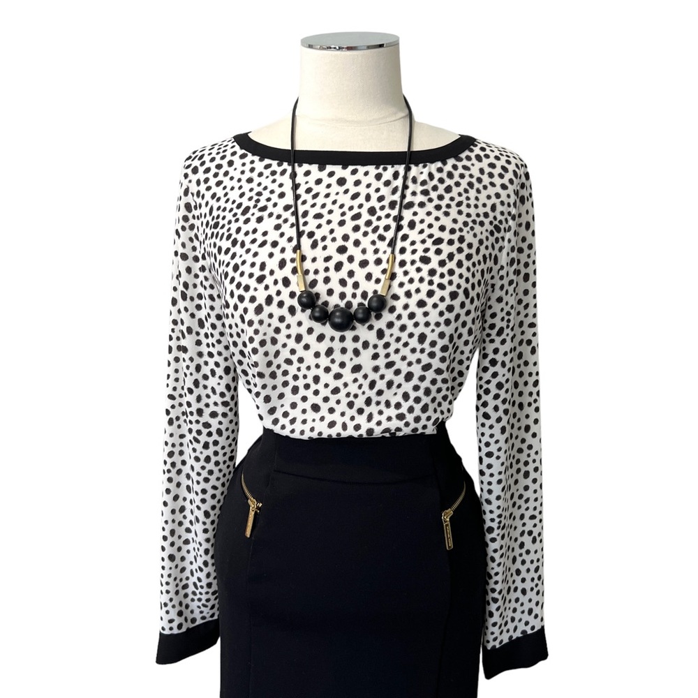 LOFT Black White Dotted Leopard Cheetah Print Blouse Sz S Accent Neckline Cuffs